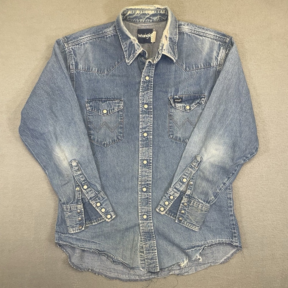 Vintage Wrangler Denim Western Shirt Mens 16.5x33 Pearl Snap Distressed